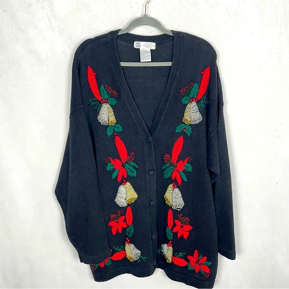 Women's Ugly Christmas Cardigan, Button, Holiday, Floral, Red,‎ Black Size 2X - Picture 1 of 8